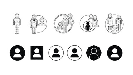 A set of black and white line icons depicting various people and groups