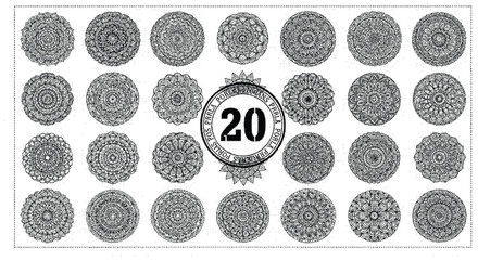 Sheet of twenty mandala designs for coloring book or art projects