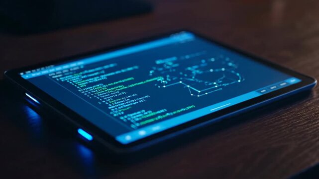 Modern tablet displaying source code, technology and programming on wooden desk.