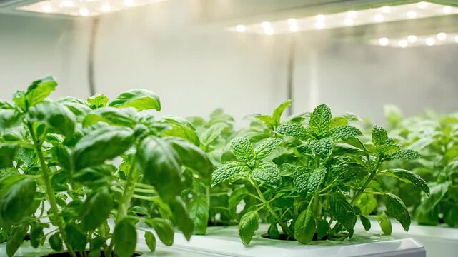 Fresh Basil and Mint plants growing indoors with LED lights in a hydroponic garden.