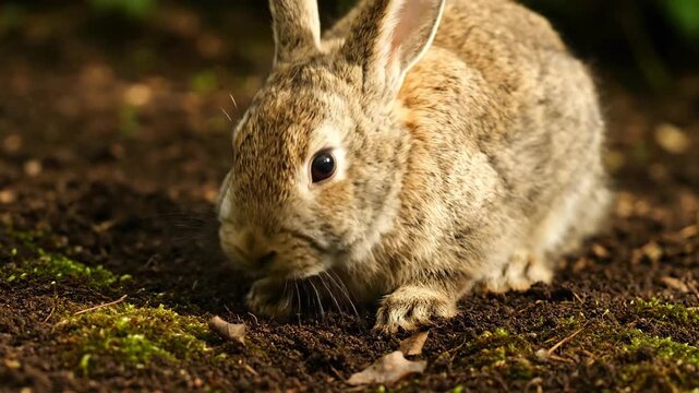 Close-up of a cute brown Rabbit in natural forest setting on soil ground. Wild animal on mossy dirt.