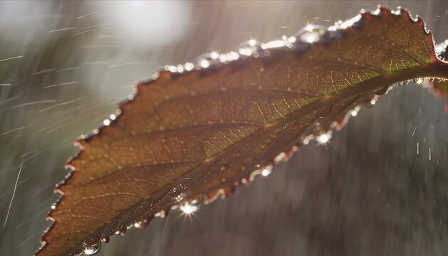 Macro nature extreme authentic skin texture natural film grain leaf with water drop soft rain light and bokeh background glow with raindrop detail sun shower bokeh glow closeup environmental concept
