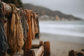 Ropes hanging on a wooden post at the beach during an overcast day at a coastal location