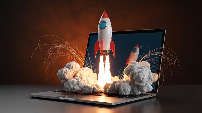 Rocket launching from laptop screen for startup innovation concept with clouds and sparks