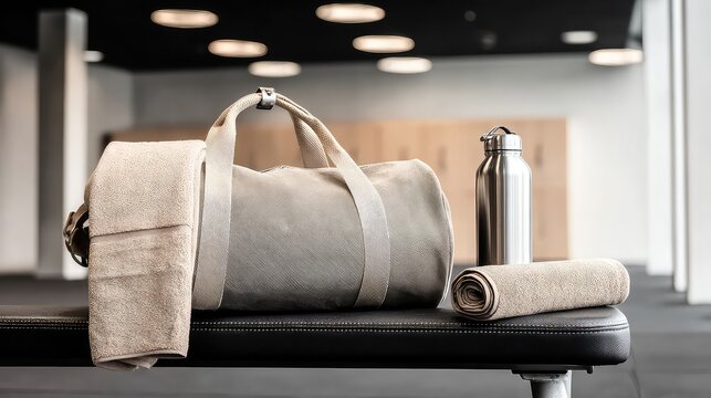 Gym bag, water bottle, and towel on a wooden floor, symbolizing fitness, exercise and healthy lifestyle.