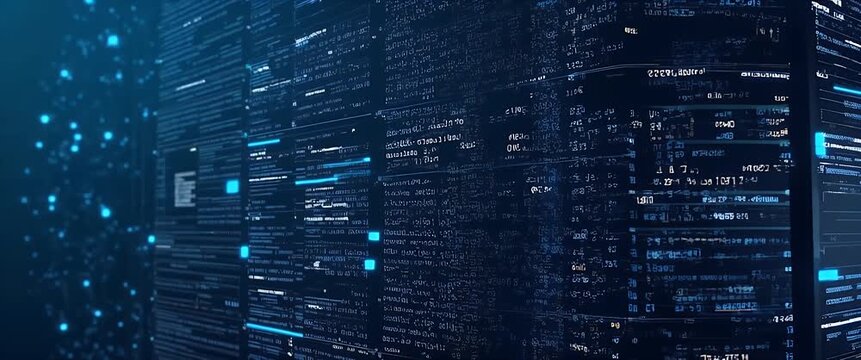 Futuristic data center with glowing code panels, ambient lights flicker, camera slowly pans to reveal expansive technology infrastructure, cinematic and minimalist style.