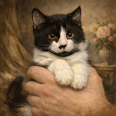 Fototapeta premium A touching portrait of a black and white kitten, carefully held in human hands. 