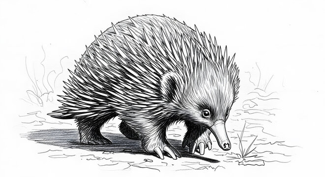 Realistic sketch of an echidna walking on the ground showing its spines and snout