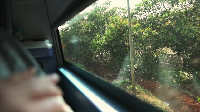 Sleeper Bus Asian Commuter Looks Out Bus Window At Green Roadside Trees, Shoulder And Seatback Visible, Sunlight Filtering Through Glass, Slow Moving Countryside Passage, Contemplative