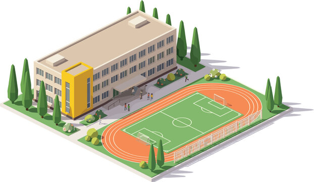 Isometric school campus illustration with sports field running track academic building education architecture landscape low poly institutional design concept