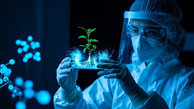 Genetic Examination: A scientist, in a sterile lab coat, meticulously examines a vibrant green plant specimen, its roots and molecular structure aglow with blue light.