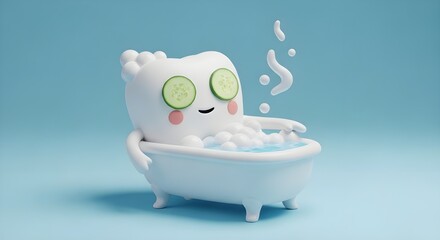 A cute 3D cartoon molar tooth character is taking a relaxing bubble bath with cucumber slices.