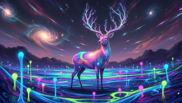 Cosmic Deer Amidst Nebulae: A majestic deer with luminous antlers stands amidst a vibrant cosmos, its coat mirroring the radiant colors of distant nebulae, creating a surreal and enchanting scene.