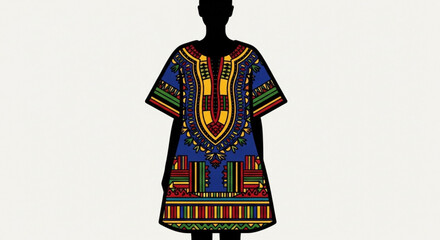 Person wearing vibrant dashiki with colorful african inspired patterns on a plain background