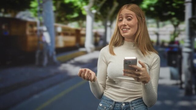 Redhead woman holding smartphone, smiling and gesturing with open hand while scrolling near a tram on a street; cheerful connection.