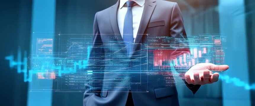 Businessman presents dynamic financial data hologram, as camera smoothly pans across futuristic office with gently flickering ambient light, in a cinematic, high-tech finance scene.