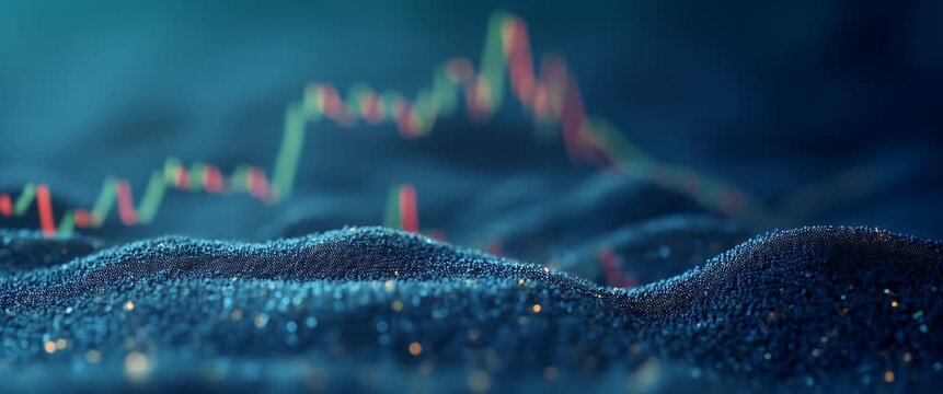 Cinematic macro view of shimmering digital data points undulating like waves; camera slowly pans across, capturing ambient glow and subtle movement in a futuristic financial landscape.