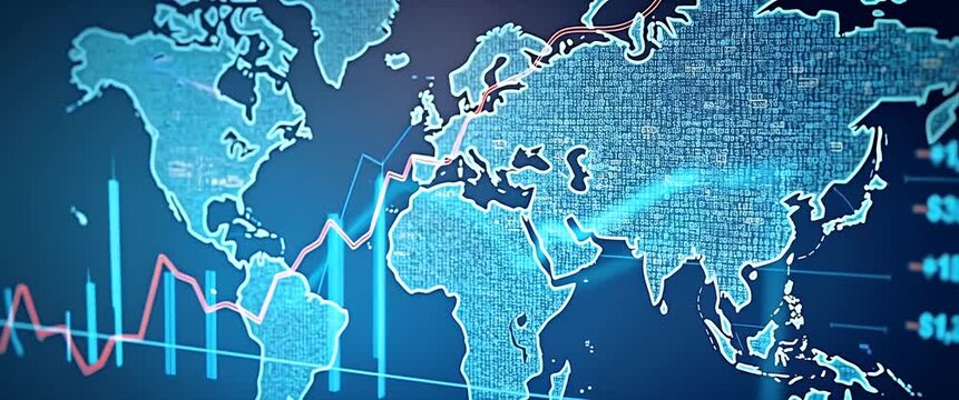 Global data visualization with animated binary codes flowing across a digital world map, as the camera gently pans, capturing economic trends in a cinematic style.