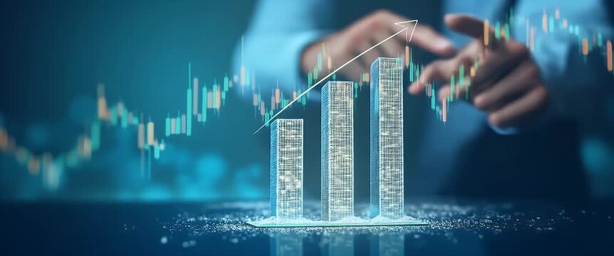 In a cinematic financial scene, hands gesture dynamically over a digital stock market chart, with a slow pan revealing a glowing rising graph, symbolizing growth and success.