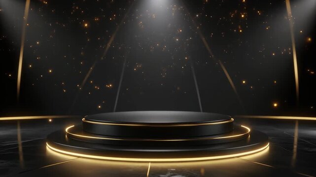 3D animation of a luxurious black round stage with glowing gold edges, illuminated by a dram