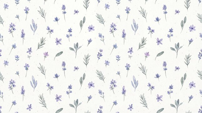 Delicate watercolor illustration of a seamless pattern featuring small lavender flowers and sage green leaves scattered across a soft white background.