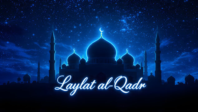A vibrant mosque silhouette glows brightly beneath a luminous starry night during Laylat al-Qadr.