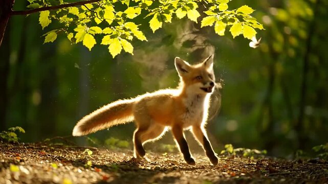 Cute red fox kit in forest at golden hour searching for food in natural light.