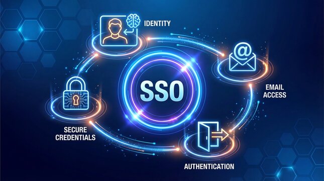 SSO single sign on concept, centralized authentication process that allows users to access multiple applications or services with a single set of login credentials. social network concept