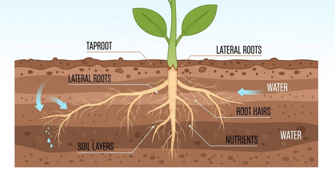 Plant root system diagram showing taproot lateral roots and root hairs absorbing water and nutrients from soil layers educational illustration for