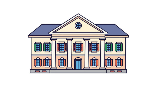 Illustrated classic building vector with columns windows and roof on white background