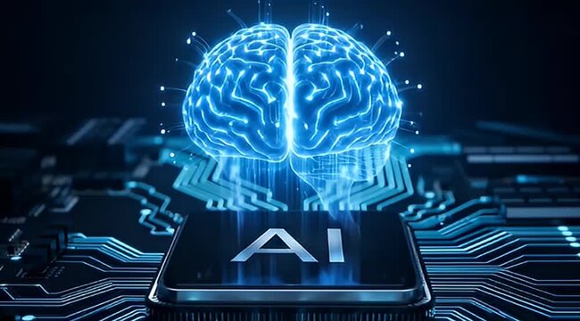 Futuristic glowing brain over a circuit board showcasing artificial intelligence