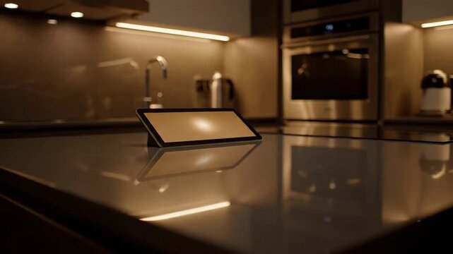 Smart home tablet controls the kitchen. Modern technology on the kitchen counter.