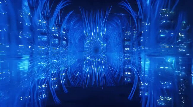 Abstract glowing blue tunnel with radiating light beams and network connections