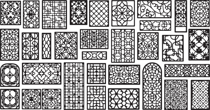 Collection of various stained glass window panel designs