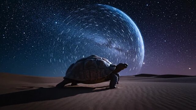 Turtle walking in desert sand under a starry night sky with milky way