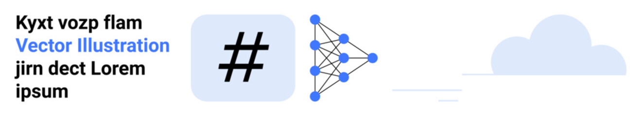 Obraz premium Hash symbol inside a square, network node diagram linked by lines, and a cloud. Ideal for technology, machine learning, data processing, cloud computing, algorithms, networking simple landing page