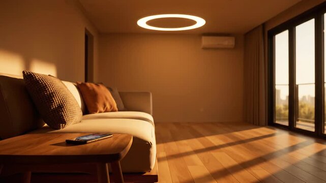 Modern living room interior with couch, pillows, wooden table, and large window, bathed in warm sunlight, creating a cozy, serene atmosphere.
