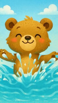 A joyful cartoon bear splashes in water, captured from a front-facing angle. Bright, playful style ideal for children's video content. Live mobile wallpaper.