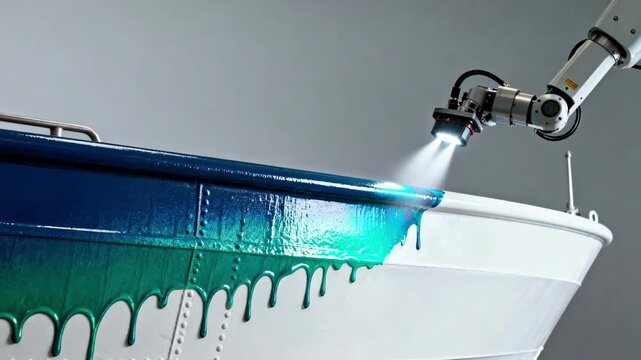 Closeup medium shot of algaeresistant ship hull coatings being applied showcasing innovative technology to prevent marine organism buildup.