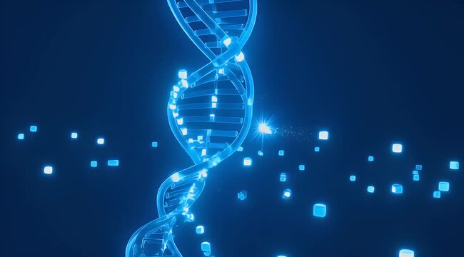 Glowing blue DNA strand with floating cubes on a dark background