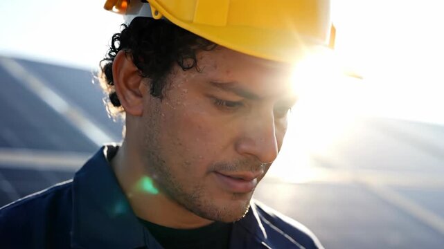 Close up of one man, construction worker with yellow hard hat, looks down outdoors.