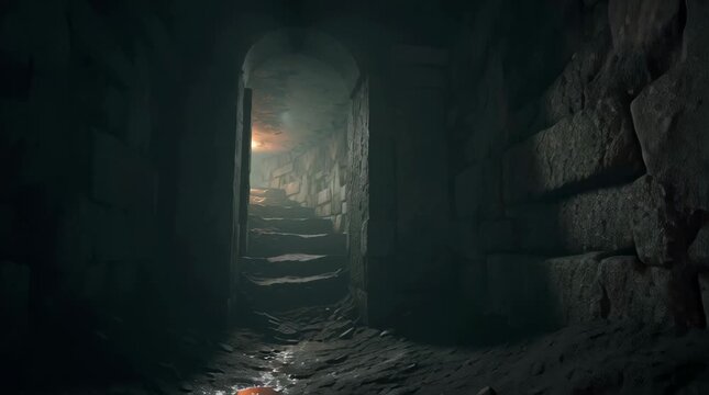 Ancient Tunnel Stock Video with Flickering Torch Light
