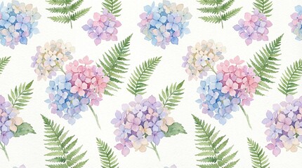 Watercolor pastel hydrangea flowers and green fern leaves seamless pattern on white background, floral texture