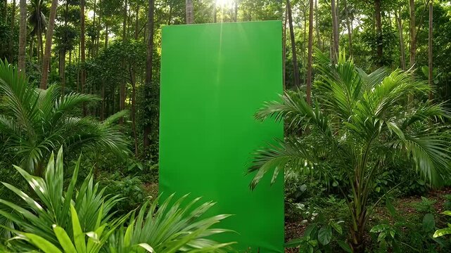 Bright green chroma key backdrop amongst lush tropical trees and sunlight