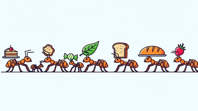 A line of cartoon ants carrying various food items and objects in a flat illustration style.