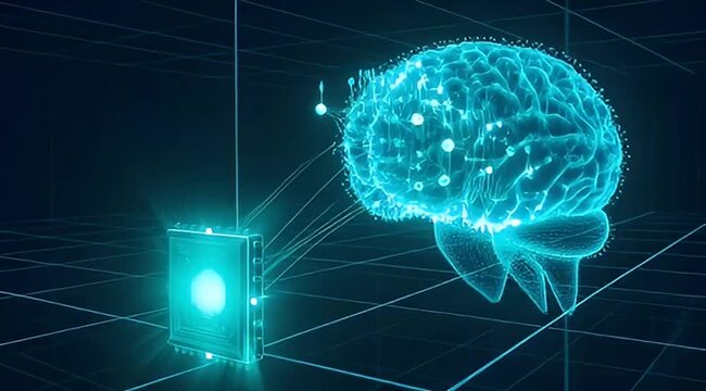 Futuristic representation of brain computer interface with glowing blue brain and chip