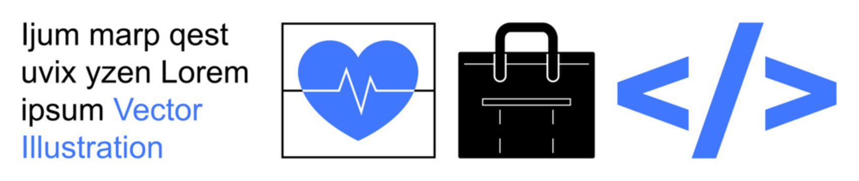 Healthcare, business solutions, coding, technology, digital tools, professional services. Blue heart pulse, black briefcase blue coding symbol. Healthcare and business solutions concept