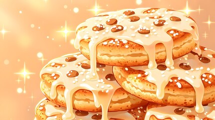 Freshly baked cinnamon rolls with icing dripping, warm and appetizing