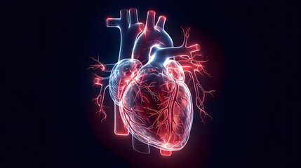 3D render of human heart anatomy, glowing red and blue arteries, dark background