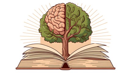 Brain-shaped tree growing from a book, wisdom and growth concept